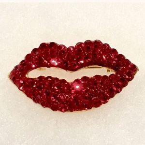 Vintage OTC Brand Red Rhinestone and Gold Lip Pin 1960’s